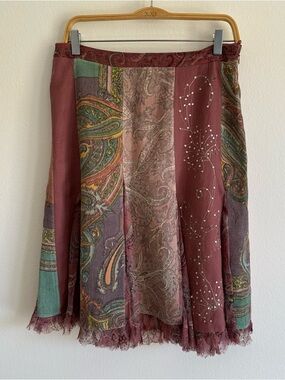 Vintage Y2K Derhy Skirt Midi Patchwork Fairy Sequin Paisley Whimsigoth Pink Wool
